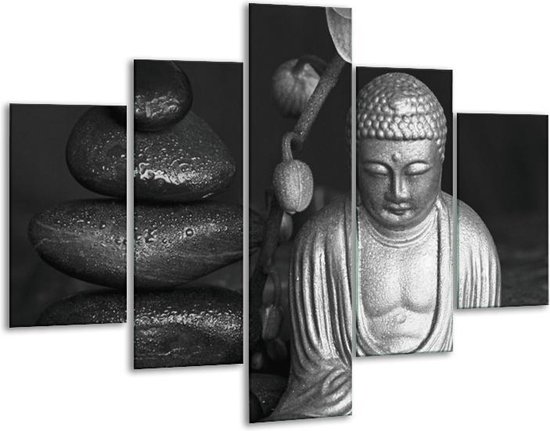 Glasschilderij -  Boeddha, Stenen - Zwart, Wit, Grijs - 100x70cm 5Luik - Geen Acrylglas Schilderij - GroepArt 6000+ Glasschilderijen Collectie - Wanddecoratie- Foto Op Glas