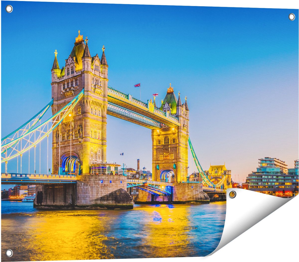 Gards Tuinposter Tower Bridge in Londen met Verlichting - 80x60 cm - Tuindoek - Tuindecoratie - Wanddecoratie buiten - Tuinschilderij Multikleur