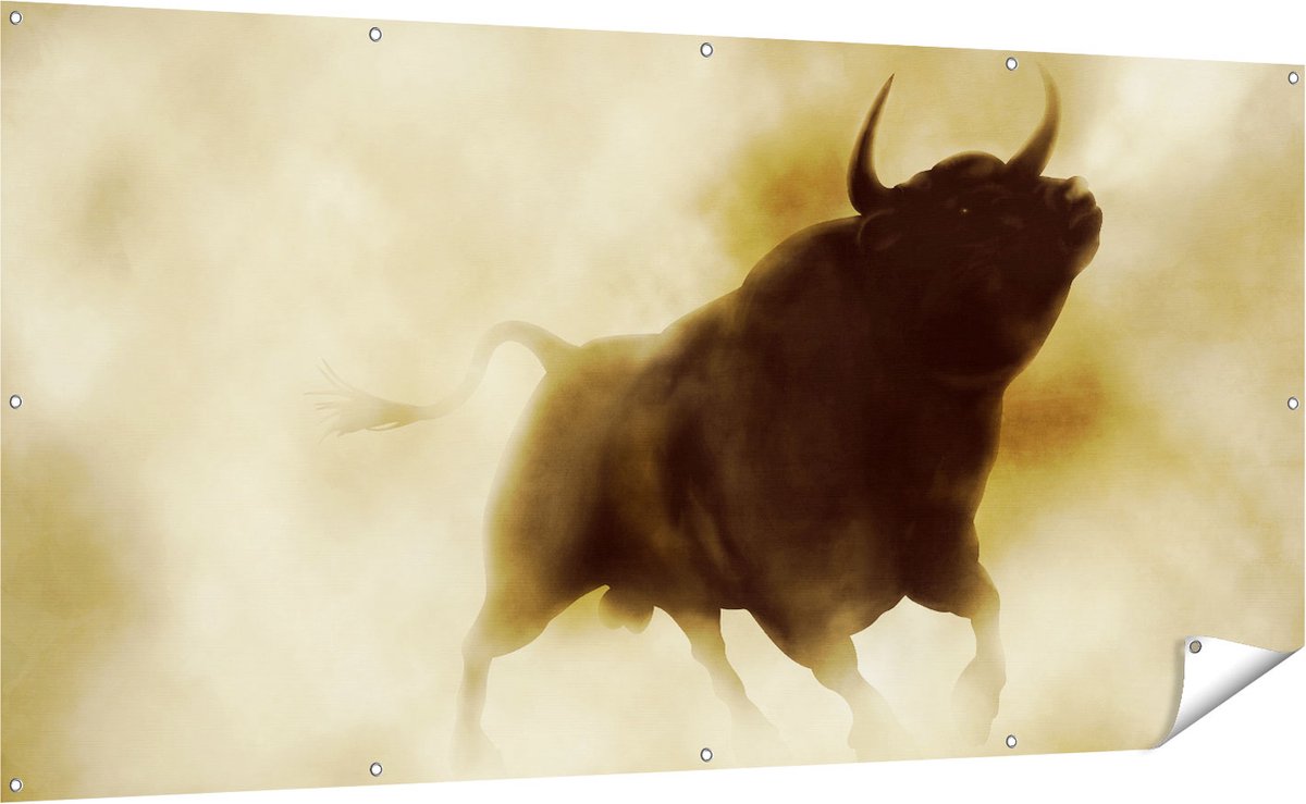Gards Tuinposter Zwarte Stier in het Stoffige Rook - 200x100 cm - Tuindoek - Tuindecoratie - Wanddecoratie buiten - Tuinschilderij Multikleur