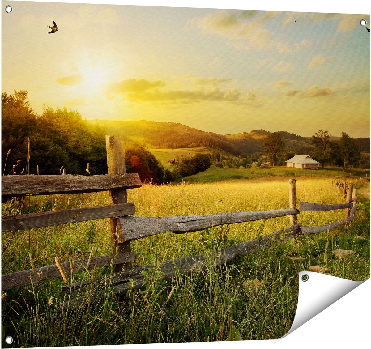 Gards Tuinposter Boerderij Hekken op het Grasveld - 100x80 cm - Tuindoek - Tuindecoratie - Wanddecoratie buiten - Tuinschilderij Multikleur