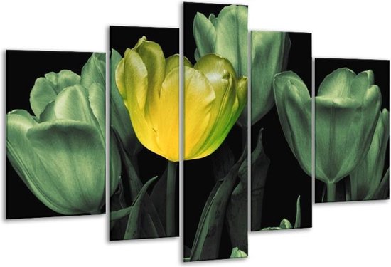 Glasschilderij Tulp - Groen, Geel, Zwart - 170x100cm 5Luik - Foto Op Glas - Geen Acrylglas Schilderij - 6000+ Glasschilderijen Collectie - Wanddecoratie