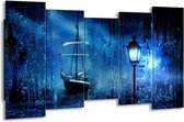 GroepArt - Canvas Schilderij - Boot - Blauw, Wit, Zwart - 150x80cm 5Luik- Groot Collectie Schilderijen Op Canvas En Wanddecoraties