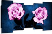 GroepArt - Canvas Schilderij - Roos - Roze, Blauw, Zwart - 150x80cm 5Luik- Groot Collectie Schilderijen Op Canvas En Wanddecoraties