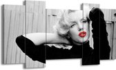 GroepArt - Schilderij - Marilyn Monroe - Grijs, Zwart, Rood - 120x65cm 5Luik - Foto Op Canvas - GroepArt 6000+ Schilderijen 0p Canvas Art Collectie - Wanddecoratie