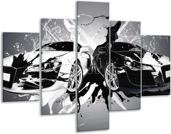 Glasschilderij -  Audi - Zwart, Wit, Grijs - 100x70cm 5Luik - Geen Acrylglas Schilderij - GroepArt 6000+ Glasschilderijen Collectie - Wanddecoratie- Foto Op Glas