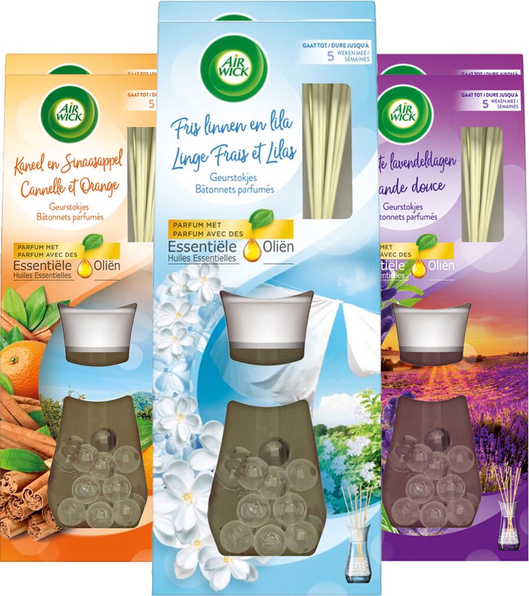 Air Wick - Reeds Essential Oils - Lavender & Cinnamon & Orange & Soft Cotton - 33ML x 6 - Voordeelverpakking
