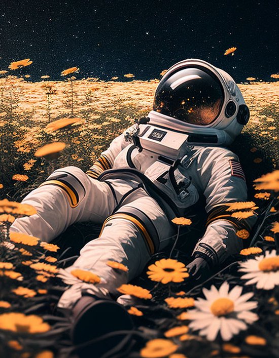 AI - Woondecoratie - Poster - Astronaut - bloemen - 06 - 60 x 80 cm