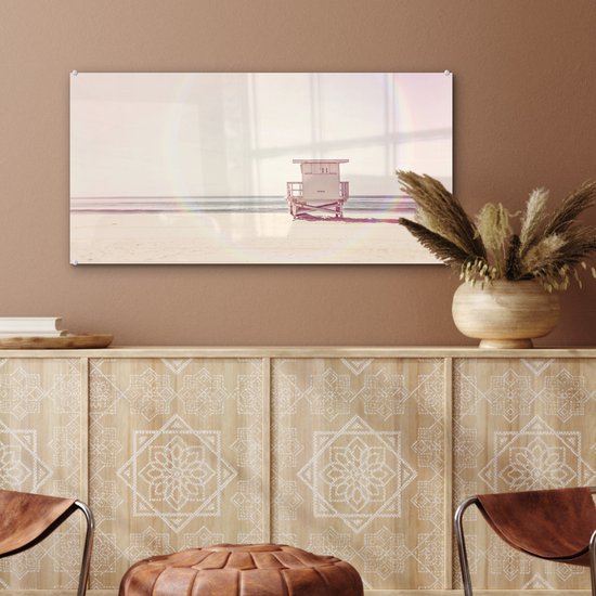 MuchoWow® Peinture sur verre 80x40 cm - Peinture sur verre acrylique - Plage - Cabane - Soleil - Mer - Été - Photo sur verre - Peintures