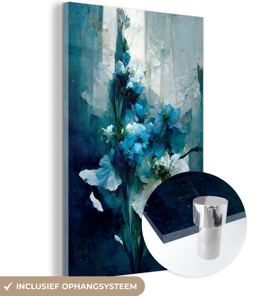 MuchoWow® Glasschilderij 100x150 cm - Schilderij acrylglas - Bloemen - Boeket - Verf - Blauw - Foto op glas - Schilderijen