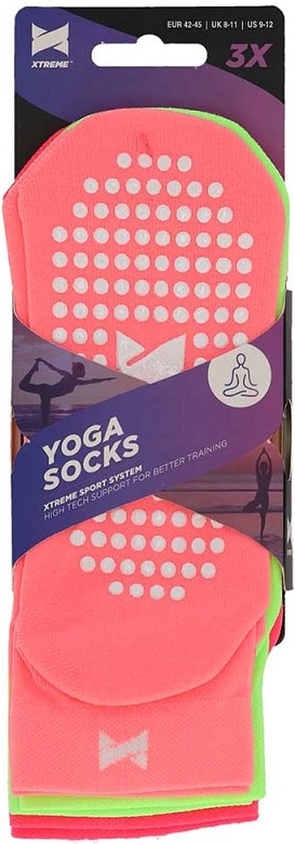 Xtreme Yoga Sokken Neon Roze / Groen / Oranje - 3 paar - Pilates sokken - Antislip - Anatomisch voetbed - Maat 35/38 van Xtreme — afbeelding 4