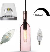 Glazen hanglamp - snoerpendel in de vorm van een fles - E14 - Roze - Incl. Dimbare COB LED lamp