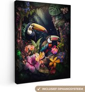 Toile Peinture Toucan - Fleurs - Arc-en-Ciel - Plantes - Jungle - 60x80 cm - Décoration murale