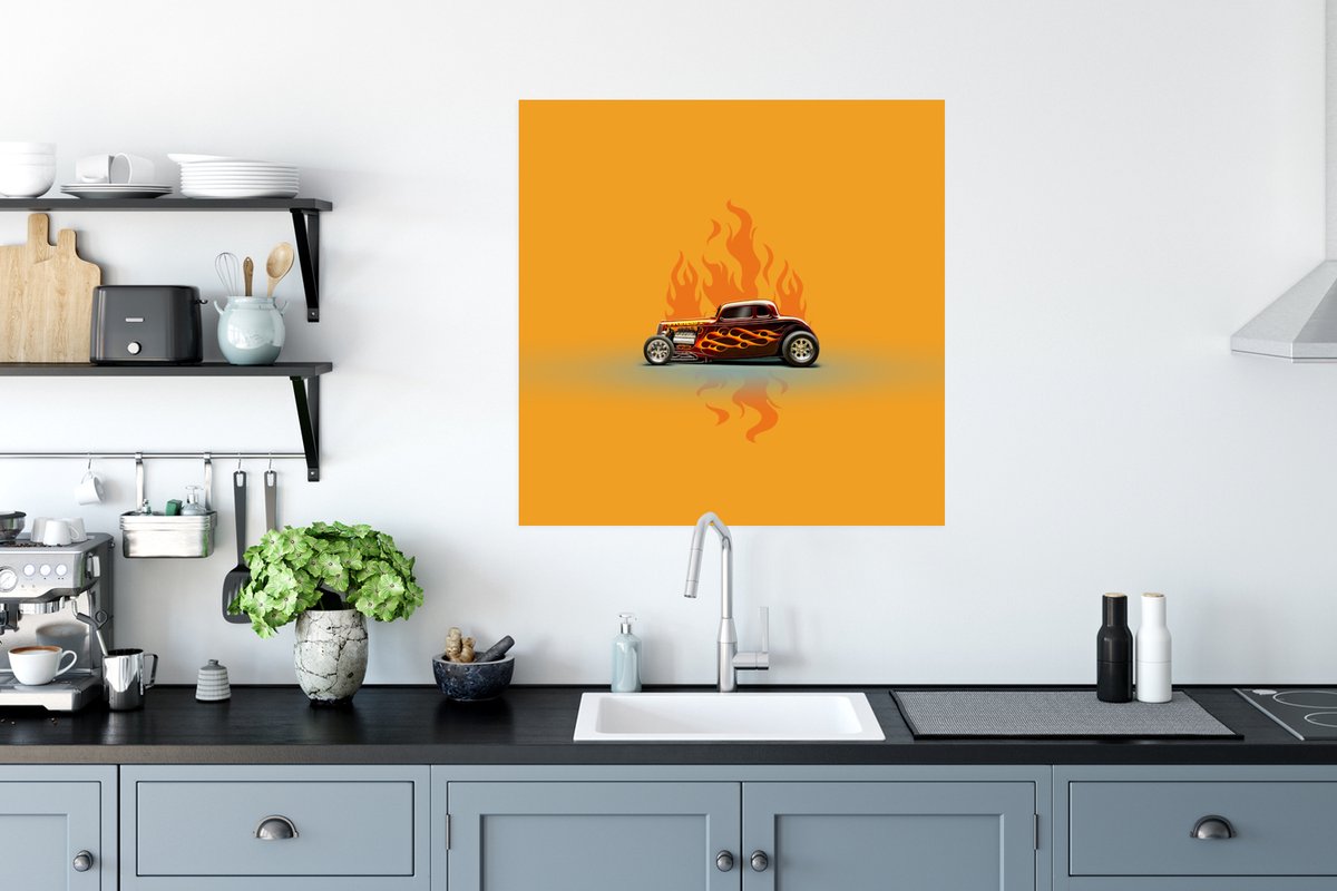 Poster Auto - Vlammen - Rood - Vintage - 75x75 cm