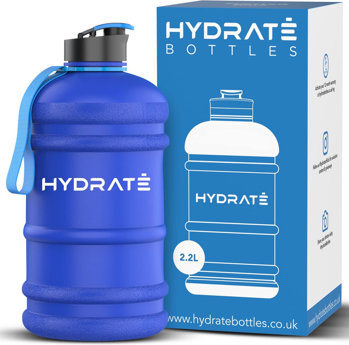 Hydrate® 2,2L sportwaterfles - duurzaam en extra sterk - BPA vrij - ideaal voor sportschool, dieet, buitensporten, wandelen en kantoor - Grote blauwe fles