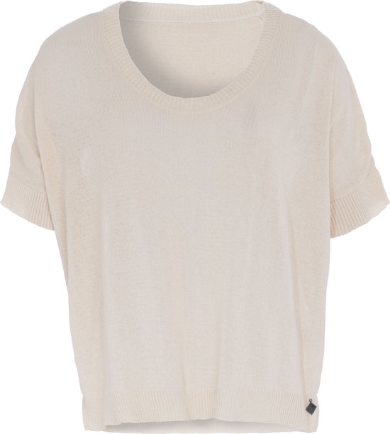 Knit Factory Senna Gebreide Dames Top - Trui met korte mouwen - Gebreide t-shirt - T-shirt - Shirt Gemaakt van 50% gerecyceld katoen - Ronde hals - Beige - 36/44