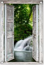 Tuinposter - Doorkijk - Waterval - Bomen - Bos - 40x60 cm - Schuttingposter - Tuinschilderij - Tuindoek - Buitenposter