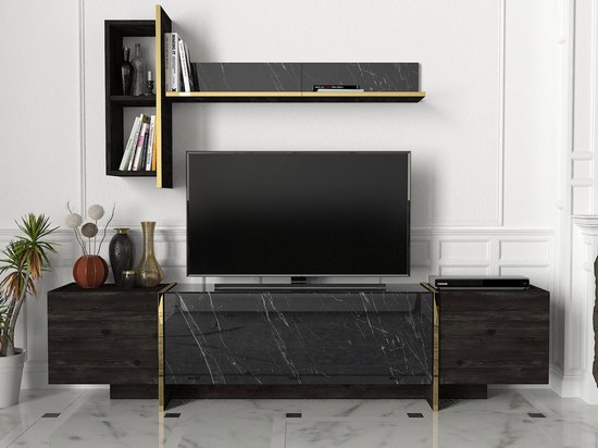 TV meubel - 3 deuren - Zwart marmer effect en goudkleurig - CADEBA L 180 cm  x H 45 cm... | bol