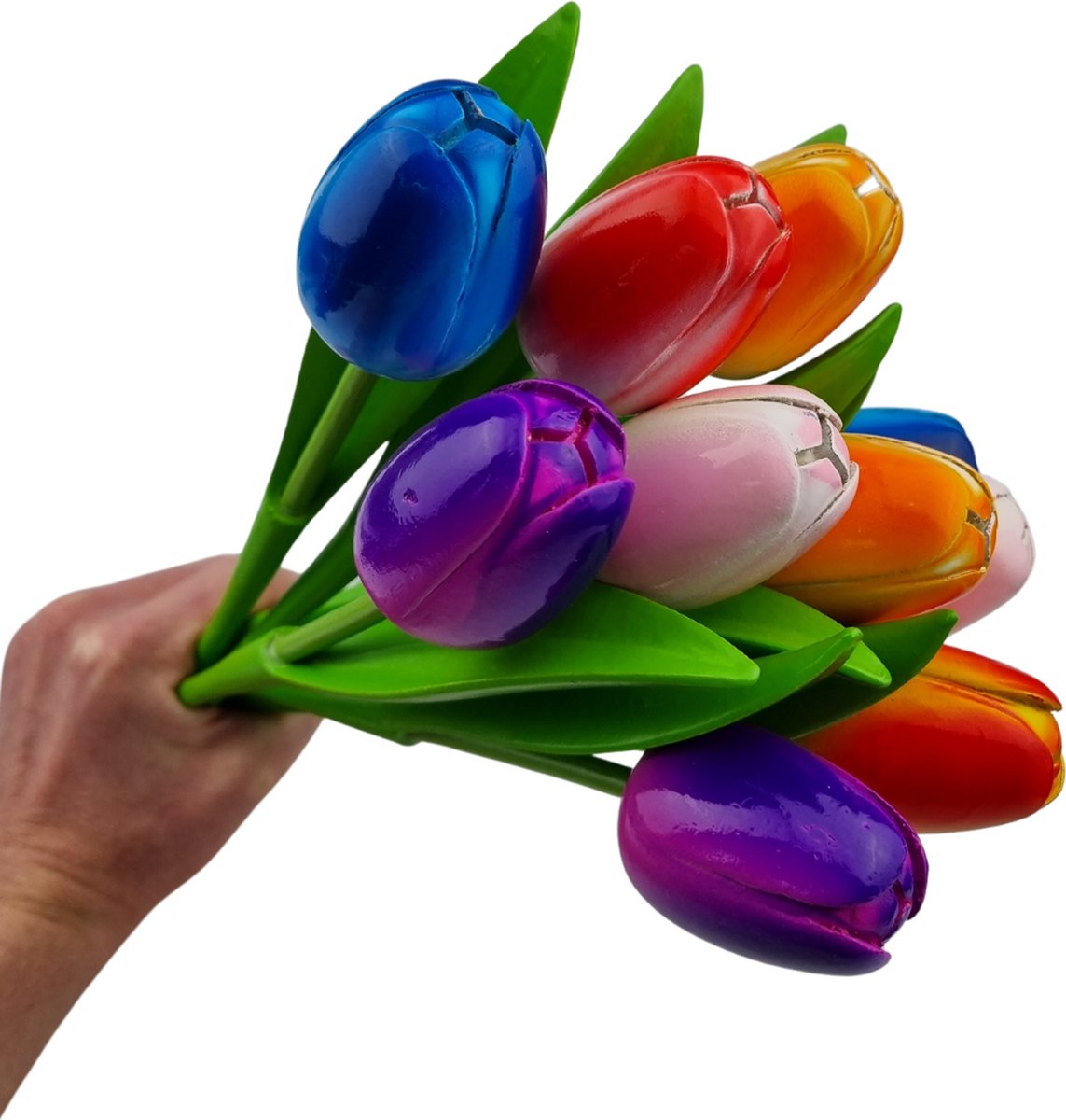 Bos houten tulpen - steel 33cm - mix van 6 kleuren - 10 tulpen in een bos - verwelken nooit!