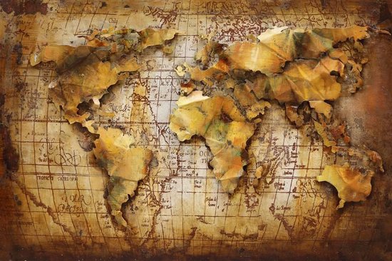 Schilderij - Metaalschilderij - Wereldkaart bruin, 120x80cm