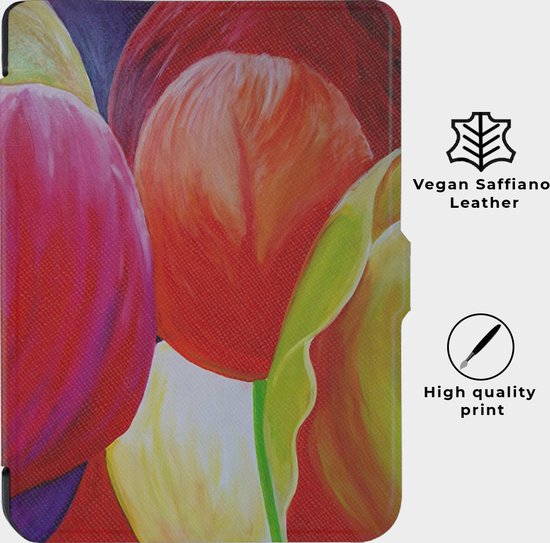 Lunso - Geschikt voor Kobo Clara 2E hoes (6 inch) - Vegan Saffiano Leren sleep cover - Tulpen van Lunso — afbeelding 2