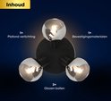 Inhoud: 1x plafondverlichting, 3x glazen bollen, 1x bevestigingsmaterialen. Zwarte ronde voet.