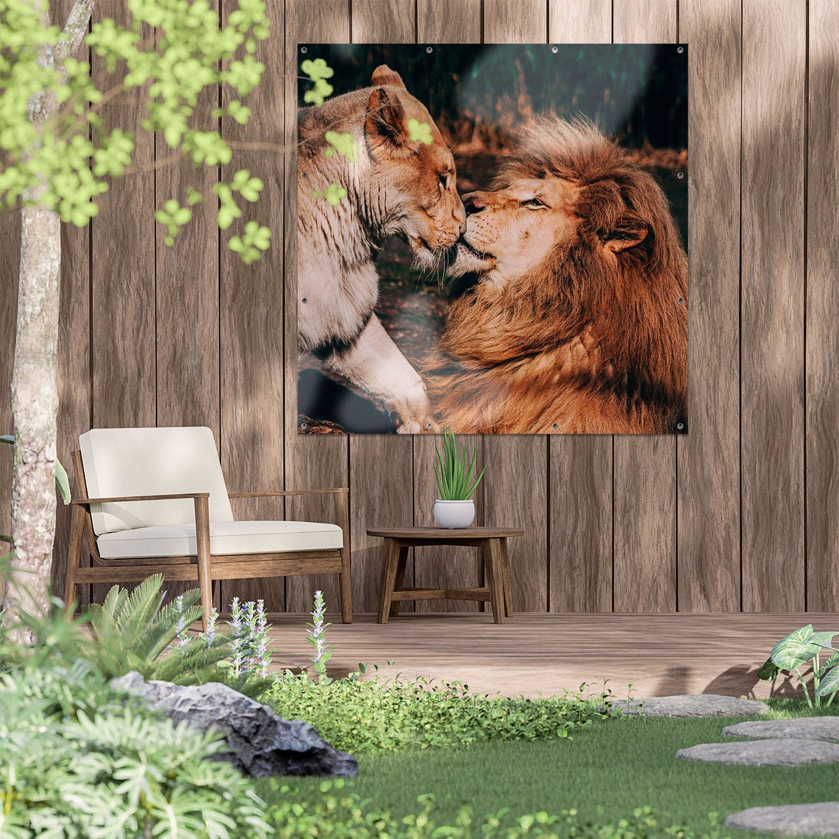 Gards Tuinposter Leeuw en Leeuwin Koppel Liefde 120x120 cm Tuindoek