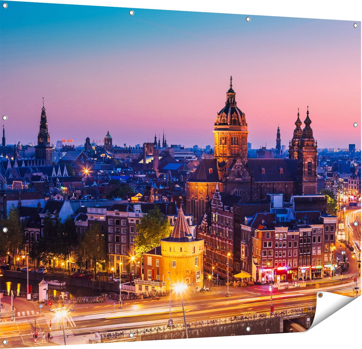 Gards Tuinposter Amsterdam Skyline bij Zonsondergang - 150x120 cm - Tuindoek - Tuindecoratie - Wanddecoratie buiten - Tuinschilderij Multikleur