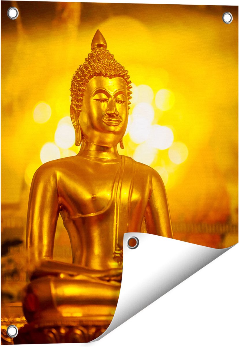 Gards Tuinposter Gouden Boeddha Beeld - 40x50 cm - Tuindoek - Tuindecoratie - Wanddecoratie buiten - Tuinschilderij Multikleur