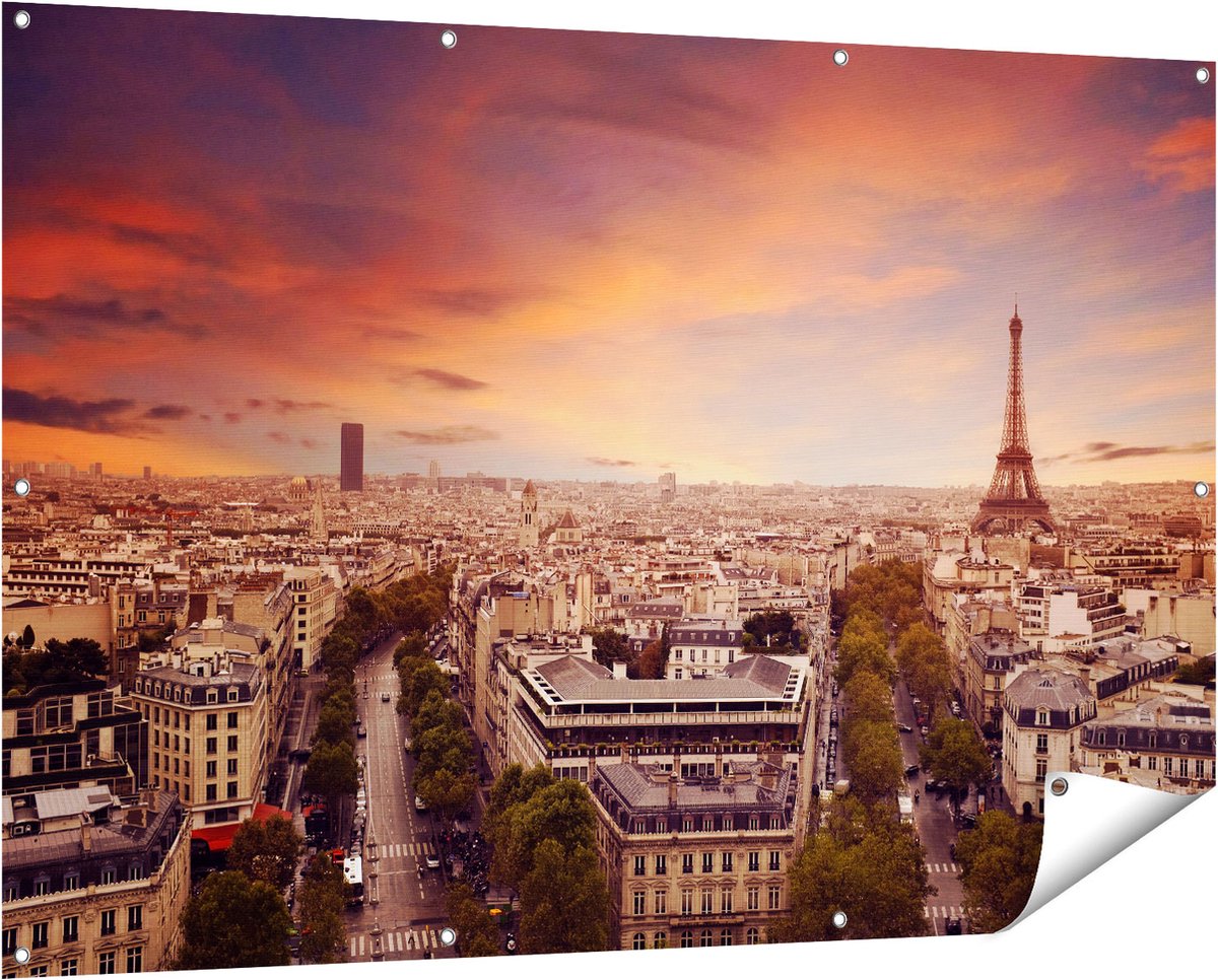 Gards Tuinposter Skyline Parijs met Eiffeltoren - 150x100 cm - Tuindoek - Tuindecoratie - Wanddecoratie buiten - Tuinschilderij Multikleur