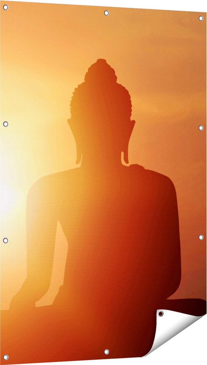 Gards Tuinposter Silhouet van een Boeddha Beeld met Zonsondergang - 80x120 cm - Tuindoek - Tuindecoratie - Wanddecoratie buiten - Tuinschilderij Multikleur