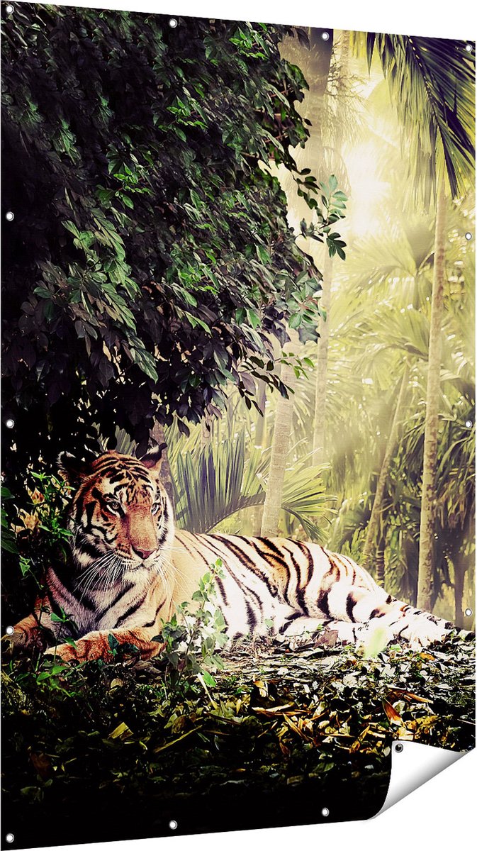 Gards Tuinposter Tijger in de Jungle met Zonneschijn - 120x180 cm - Tuindoek - Tuindecoratie - Wanddecoratie buiten - Tuinschilderij Multikleur