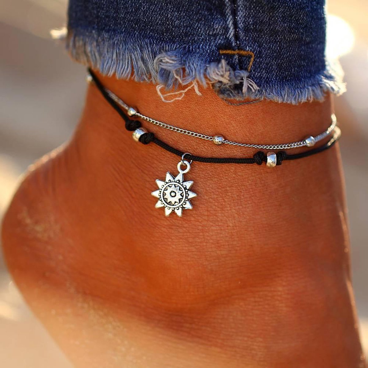 Joboly Boho zon enkelbandje - Dames - Zilverkleurig - 20 cm