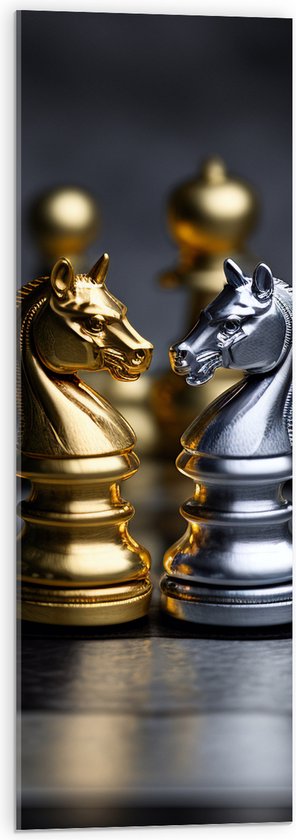 Acrylglas - Foto van Goud en Zilver Schaakstuk van Paard - 30x90 cm Foto op Acrylglas (Met Ophangsysteem)