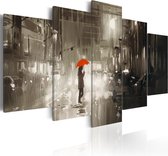 Schilderij - Vrouw onder rode paraplu in de stad , 5 luik
