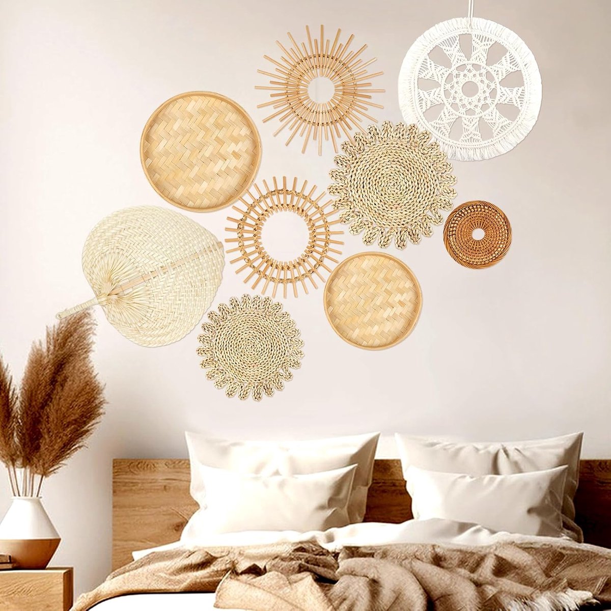 Hangende geweven wandmandset, rotan wandmand handgemaakte wanddecoratie, natuurlijke rieten wanddecoratie, gebruikt voor thuis woonkamer slaapkamer