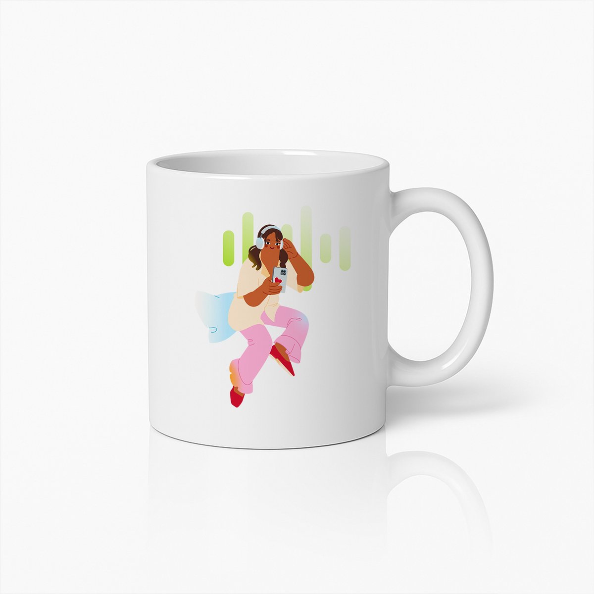 Trendy Muziekliefhebber Mok – Kleurrijke Cartoon Meisje met Koptelefoon en Smartphone – Perfect Cadeau voor Muziekfans – 330ml Keramische Beker