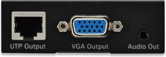 Zijkant van de receiver met poorten: UTP Output, VGA Output en Audio Out.