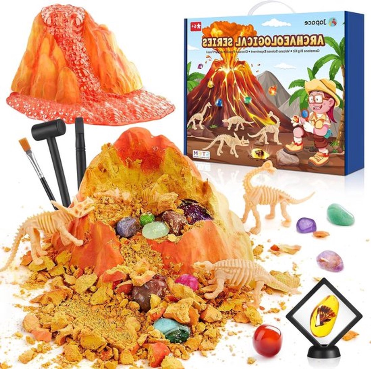 Opgravingsset voor kinderen - edelstenen opgravenset - 12 mineralen - barnsteen en 4 dinosaurussen - vulkaan-experimenteerset - kinderverjaardag speelgoed - vanaf 6 7 8 9 10 jaar.