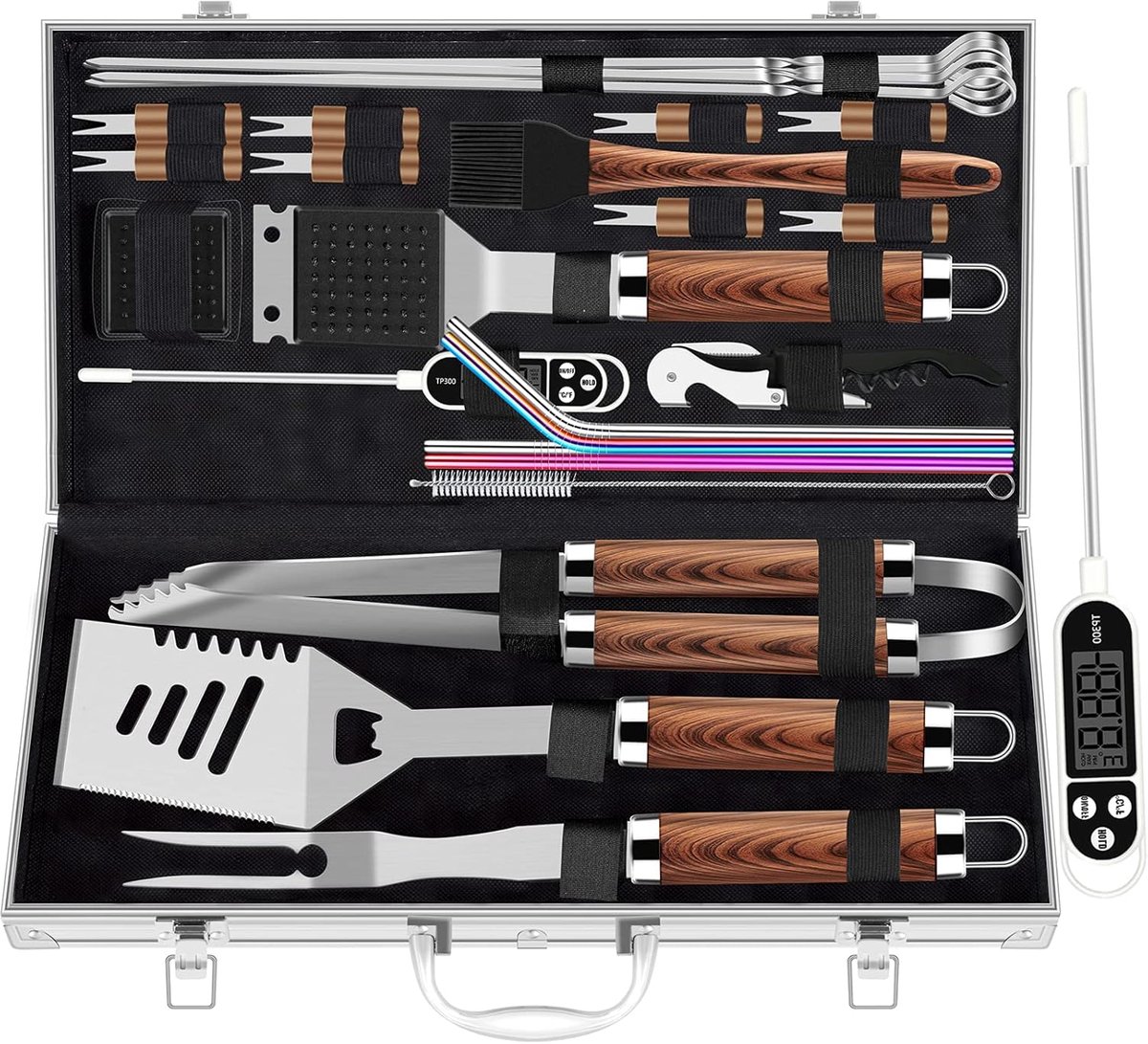 Famanu Extra dikke RVS grillset voor mannen, set van grilaccessoires voor BBQ in tuin, cadeauset met grilltools, met vleesthermometer, in aluminium koffer, 26 stuks, bruin