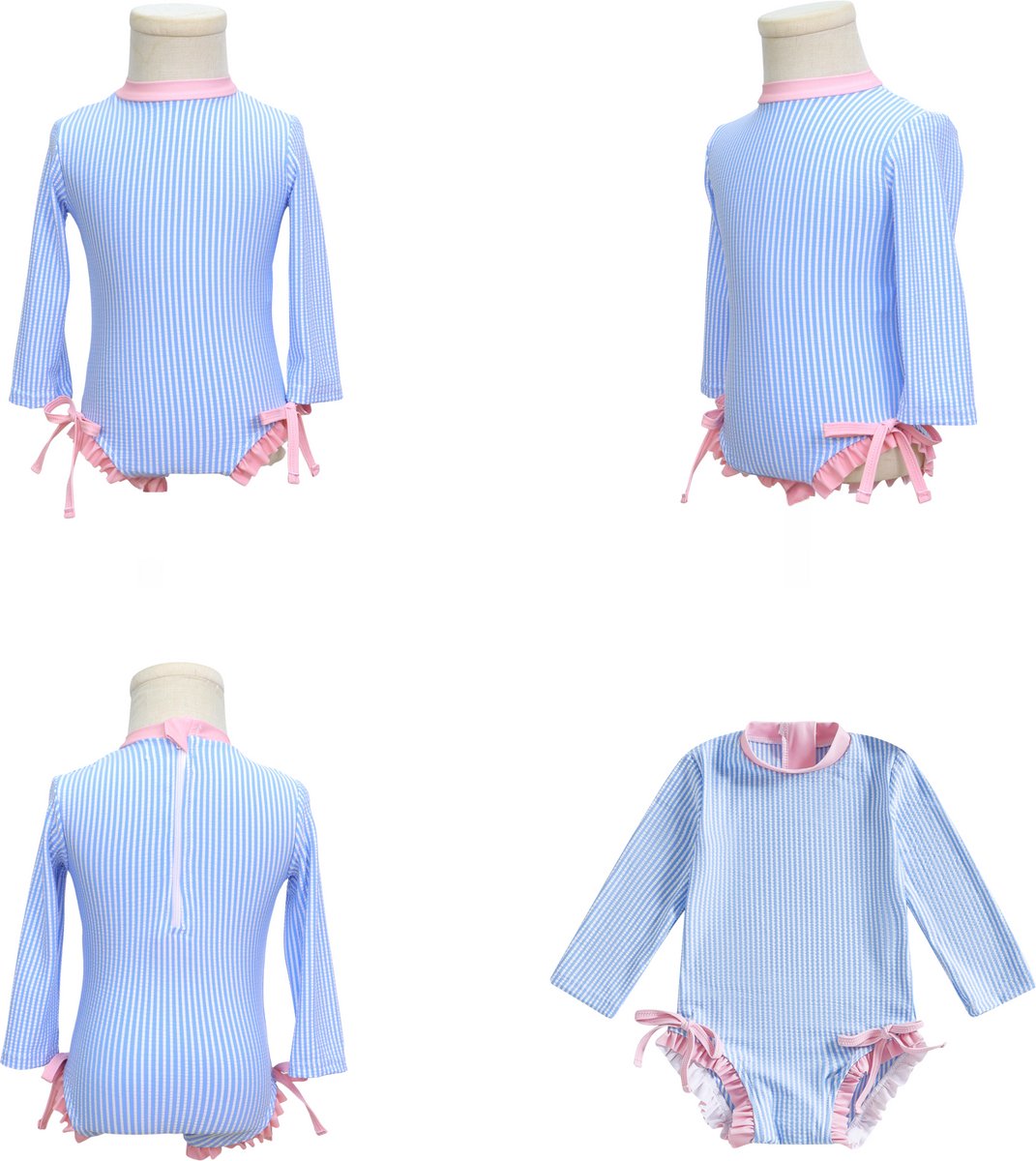 Joya Kids® Badpak Lange Mouw Licht Blauw met Streepjes en Roze Ruches Meisjes | Zwempak met ruches UV Badpak | Zwempak Lange Mouw UV Bescherming Streep | Meisje Bikini Zomer | Kinderbadpak Peuter | — afbeelding 10