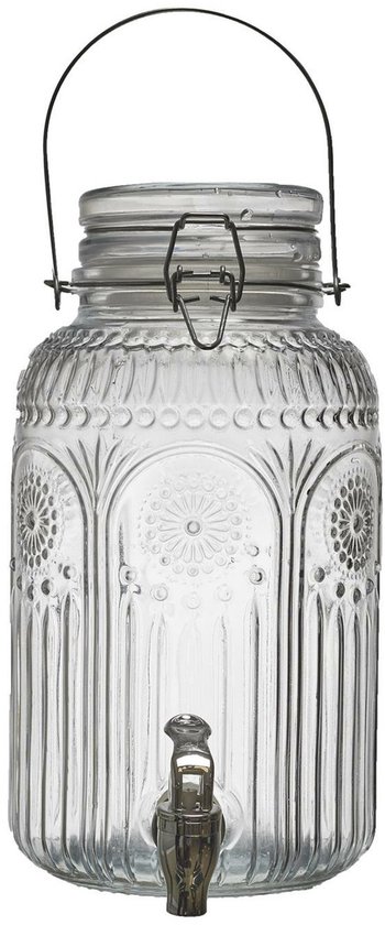 Glazen drankdispenser met kraantje en metalen handvat. De fles heeft een ribbelpatroon met cirkelvormige decoraties.