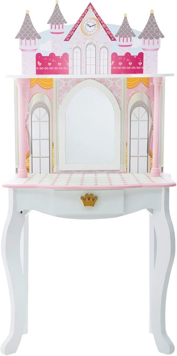 Houten Kaptafel voor Kinderen met Stoel - Dromenland Kasteel Ontwerp - Inclusief 4 Poppen Accessoires - Wit/Roze