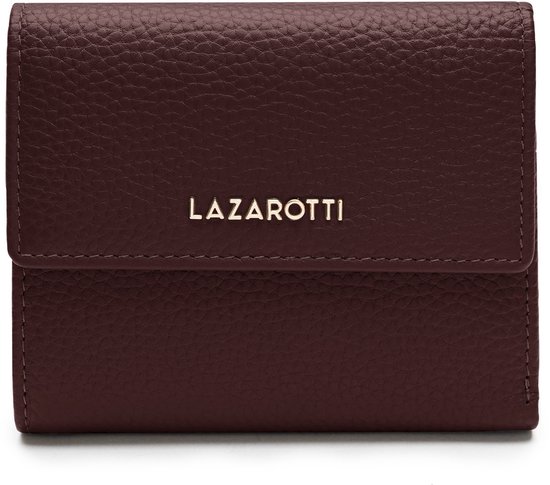 Gesloten donkerbruine leren portemonnee met LAZAROTTI in goudkleurige letters op de flap.