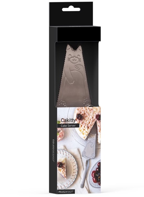 Verpakking van een taartschep met kattenontwerp, met afbeelding van een taart.