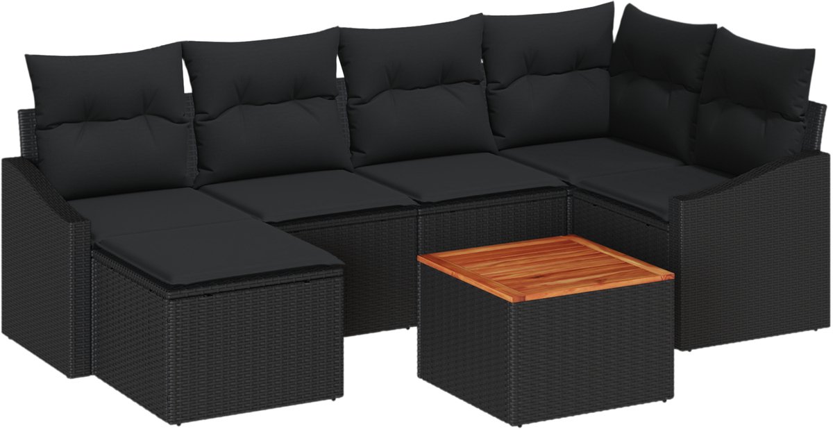 vidaXL - Tuinbank - Set - met - kussen - 7 - pcs - Zwart - poly - rattan