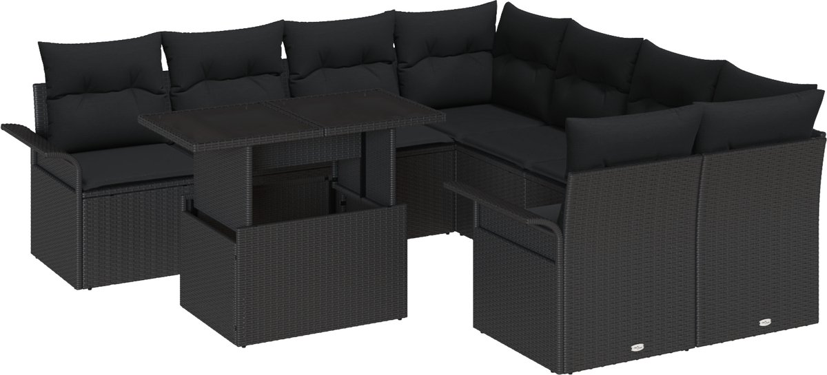 vidaXL - Tuinbank - Set - met - kussen - 9 - pcs - Zwart - Poly - rattan