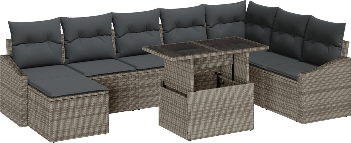 vidaXL - Tuinbank - Set - 9 - pcs - Grijs - Poly - Rattan - en - Poedergecoat - Staal