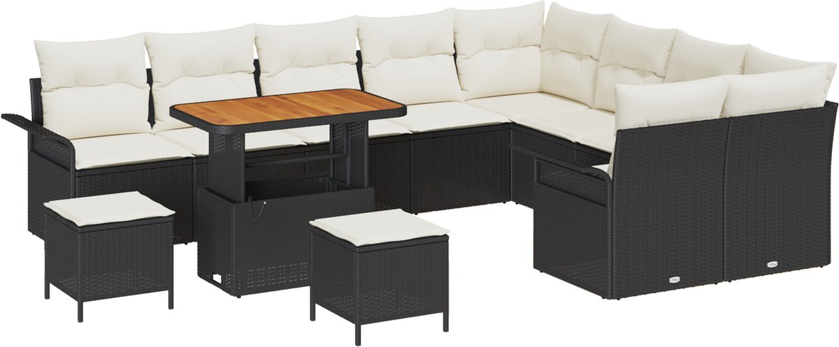 vidaXL - Tuinbank - Set - met - kussen - 12 - pcs - Zwart - poly - rattan
