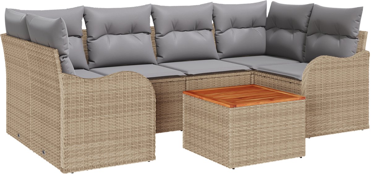 vidaXL - Tuinbank - Set - met - kussen - 7 - pcs - Beige - poly - rattan