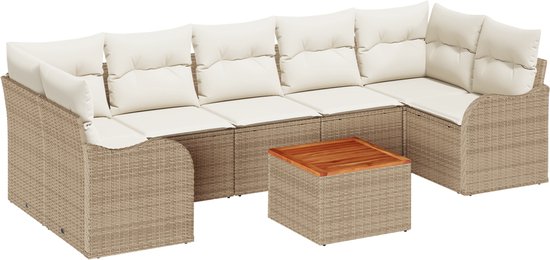 vidaXL - 8-delige - tuinset - met - kussens - in - beige - poly - rattan - en - acacia